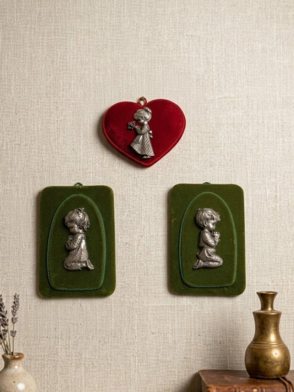 Vintage Italian Pewter & Velvet Wall Plaque Set (3 Pieces)